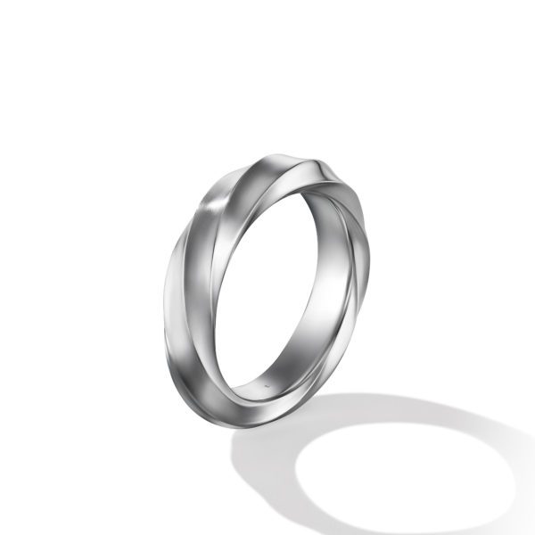 A sleek silver ring with a unique twisted design, casting a subtle shadow on a white background. Its smooth and modern aesthetic gives it a contemporary, elegant look.