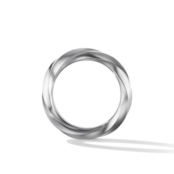 A sleek, silver ring with a twisted design lies flat on a white surface. The lighting creates subtle highlights and shadows, accentuating its smooth, modern appearance. A faint shadow below the ring mirrors its shape.