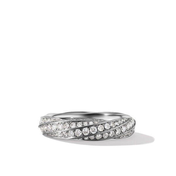 A silver ring with a multi-band design featuring rows of small, sparkling diamonds tightly set along the bands. The ring appears elegant and luxurious, against a plain white background with a slight shadow to the right.