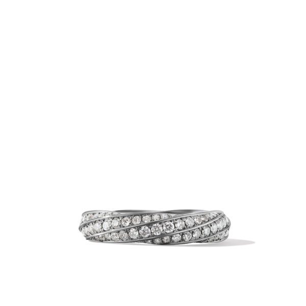 A silver ring with three intricately intertwined bands, each band encrusted with small, sparkling diamonds, displayed against a plain white background.