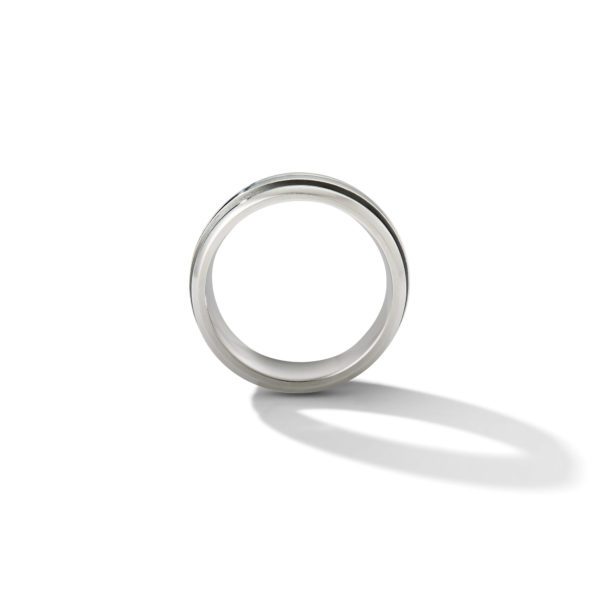 A simple circular metallic ring with a reflective, polished surface is standing upright on a white background. The ring casts a soft shadow to its right, indicating a light source coming from the left.