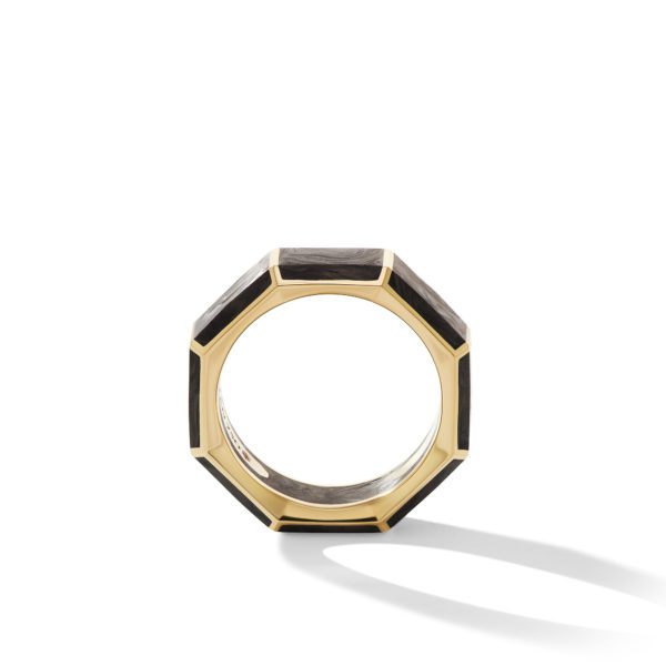 A gold and black octagonal ring standing vertically on a white surface. The gold outer edge frames the black sections, creating a sleek, modern look. The ring casts a soft shadow to the right.