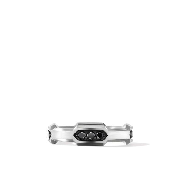 A sleek, silver-toned bracelet with an octagonal central piece encrusted with three black stones. The bracelet has a modern, minimalist design and is set against a plain white background.