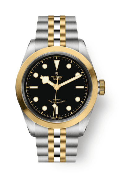 A luxury two-toned metal wristwatch featuring a round black face, gold-colored bezel, and hour markers. The bracelet is an elegant mix of stainless steel and gold links. The watch face proudly displays the brand name "Tudor" and the text "Rotor Self-Winding." This exquisite timepiece is known as the BLACK BAY 41 BLACK IND.