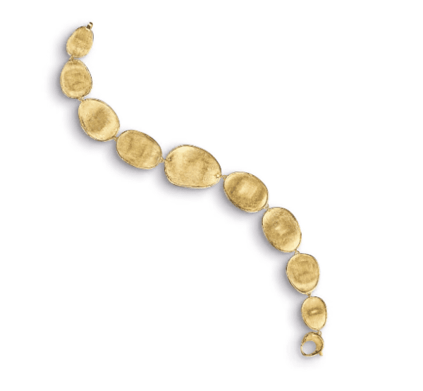 The LUNARIA BRACELET features a series of oval-shaped links in varying sizes, arranged in a slightly curved line. This gold bracelet is simple and elegant, finished with a clasp for secure fastening.