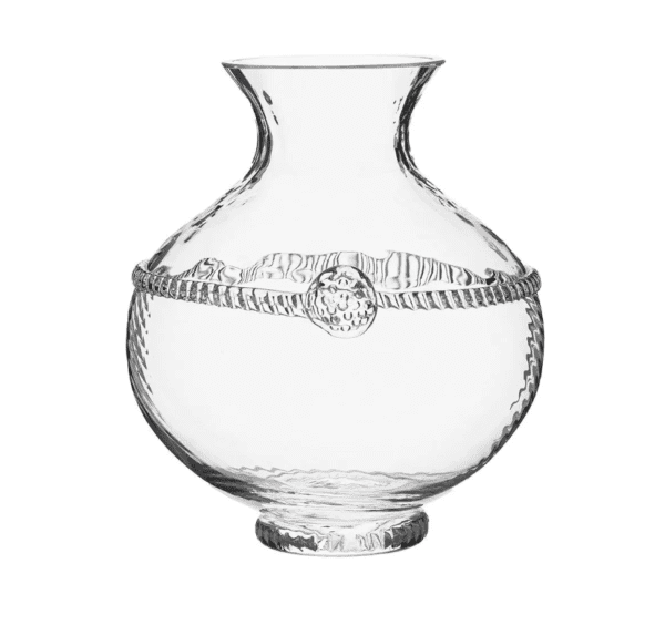 The Juliska Graham Vase - 5 in. is a clear, wide-bottomed glass vase with a narrow neck. It features a textured band around the widest part and a textured circular design at the front. The glass has subtle ripples, enhancing its decorative appearance.