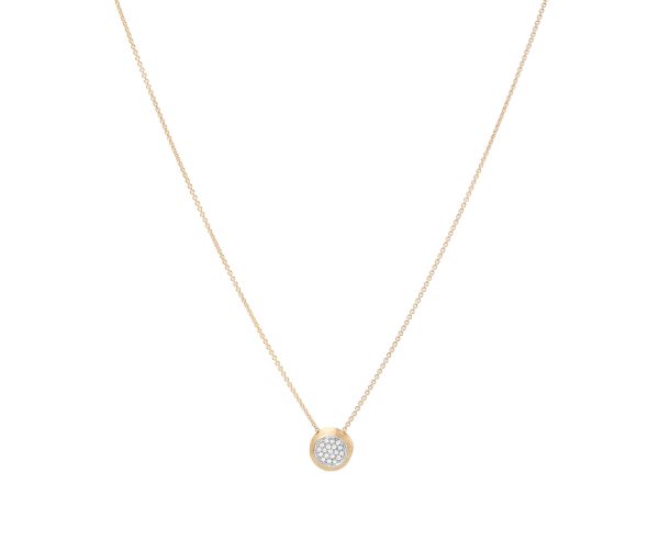 A delicate Marco Bicego Jaipur 18K yellow gold chain necklace with a small circular disk pendant featuring diamond pavé, centered against a plain white background.