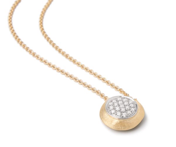 A Marco Bicego Jaipur 18K Yellow Gold Diamond Pavé Disk Pendant displayed on a white background.