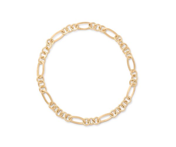 The Marco Bicego Jaipur Gold Mixed Link Necklace is showcased against a plain white background, featuring a mix of large oval and round interlocking links for a balanced and elegant design.