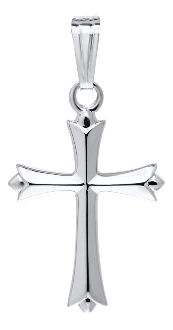 The Kiddie Kraft Sterling Silver Flared Cross Necklace features a polished silver cross pendant with pointed, flared ends on each arm, hanging from a simple bail at the top. The sleek and modern design reflects light for a shiny appearance, set against a plain white background.