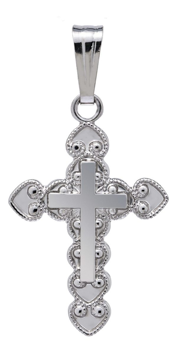 The Kiddie Kraft Sterling Silver Ornate Cross Necklace features a meticulously crafted cross pendant adorned with small, heart-shaped patterns along its length and width. It has a polished finish and is suspended from a simple, sleek bail.