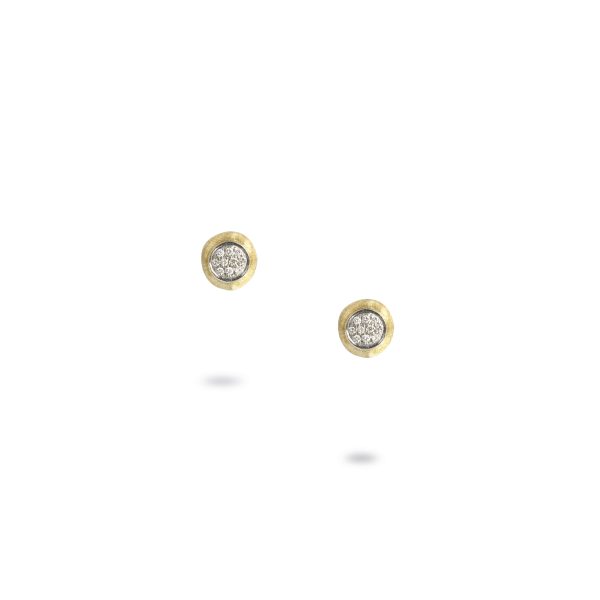 The Marco Bicego Jaipur Gold Diamond Stud Earrings feature circular diamond clusters set against a white backdrop, with shadows visible beneath them.