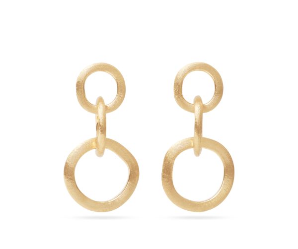 The Marco Bicego Jaipur 18K Yellow Gold Link Drop Earrings feature a pair of interlinked circles with a smaller circle at the top and a larger one hanging below, creating a simple and elegant design.