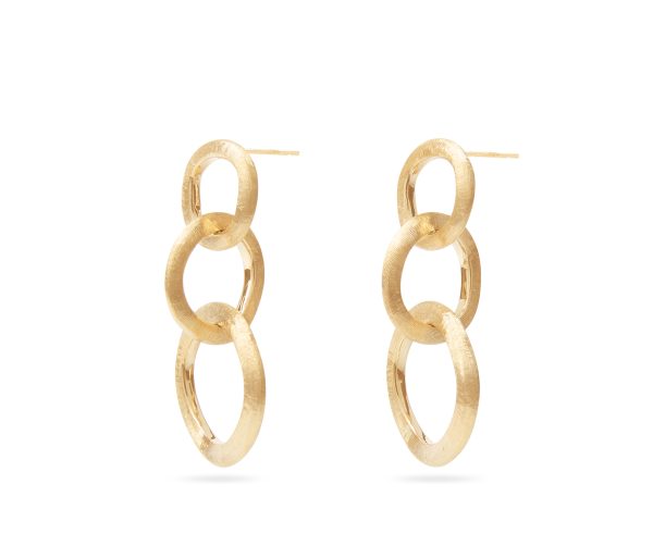 The Marco Bicego Jaipur 18K Yellow Gold Link Drop Earrings feature three interlinked textured circles arranged vertically. These earrings have a polished finish that subtly reflects light, and they are showcased against a plain white background.