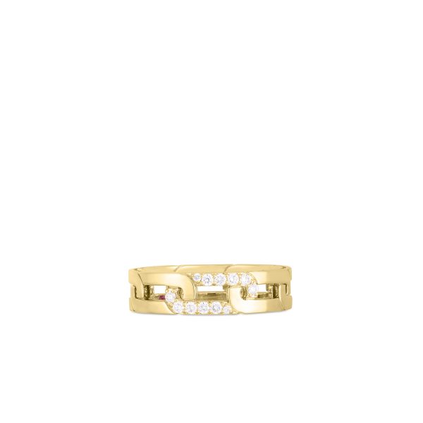 The Roberto Coin Navarra Diamond and Gold Link Ring features a chain-link design embellished with small, sparkling diamonds, set against a plain white background to emphasize its intricate details.