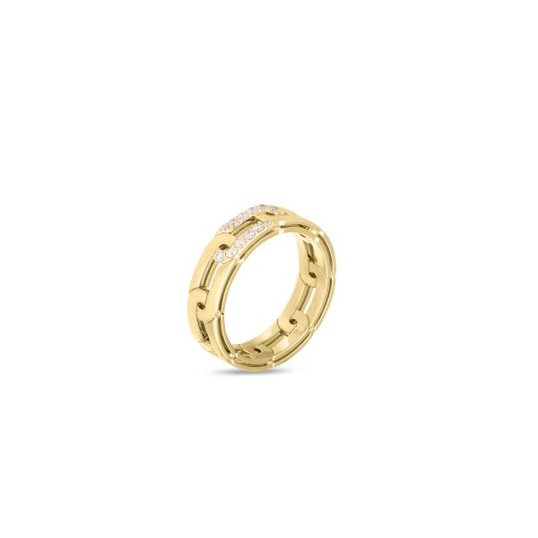 The Roberto Coin Navarra Diamond and Gold Link Ring showcases a chain-link design in gold, adorned with a row of small, sparkling diamonds on one side. The ring is elegantly displayed against a plain white background.