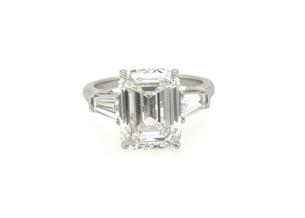 three diamond engagement ring with an emerald-cut center from Bromberg's signature collection