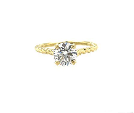 round, brilliant-cut diamond engagement ring in 18K yellow gold twisted band from Bromberg's signature collection