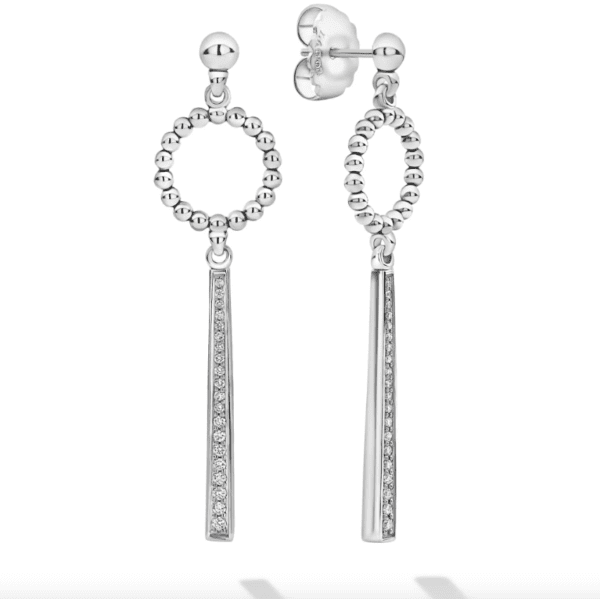 These LAGOS Caviar Spark Beaded Circle Diamond Drop Earrings feature a circular design accented with small silver beads and a vertical bar embellished with dazzling gemstones. Each earring is equipped with a stud and post back closure, offering a polished and elegant look in silver.