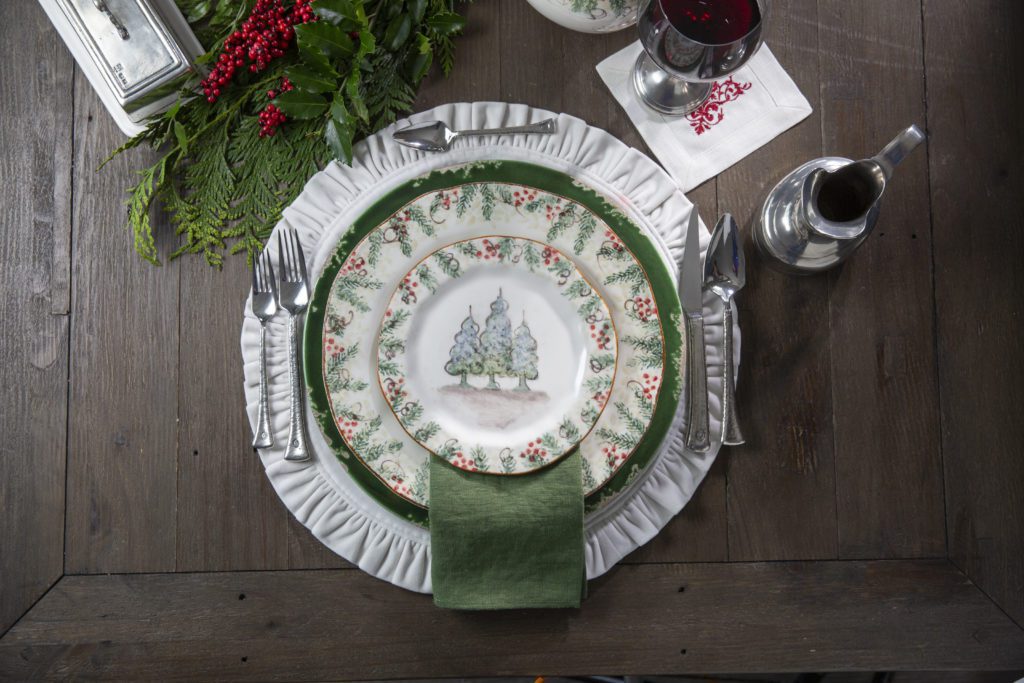 Natale Christmas plates by Arte Italica with linens by Crown Linen Designs