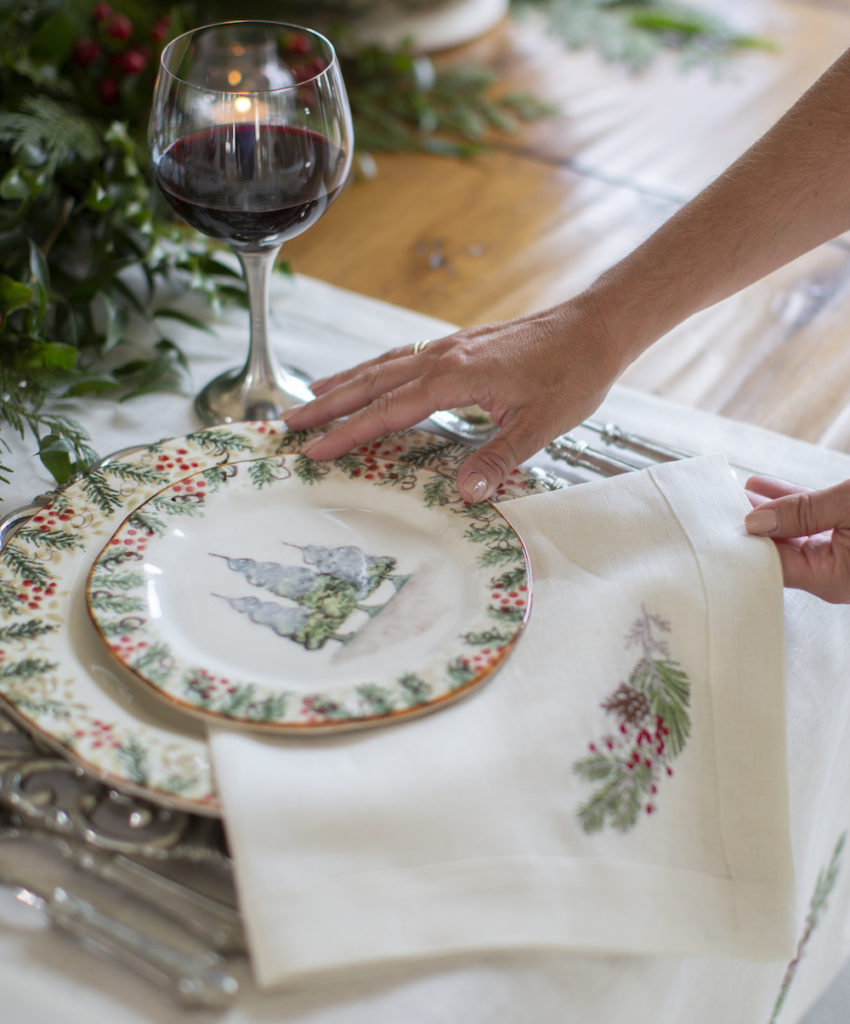 Natale Christmas plates by Arte Italica with linens by Crown Linen Designs