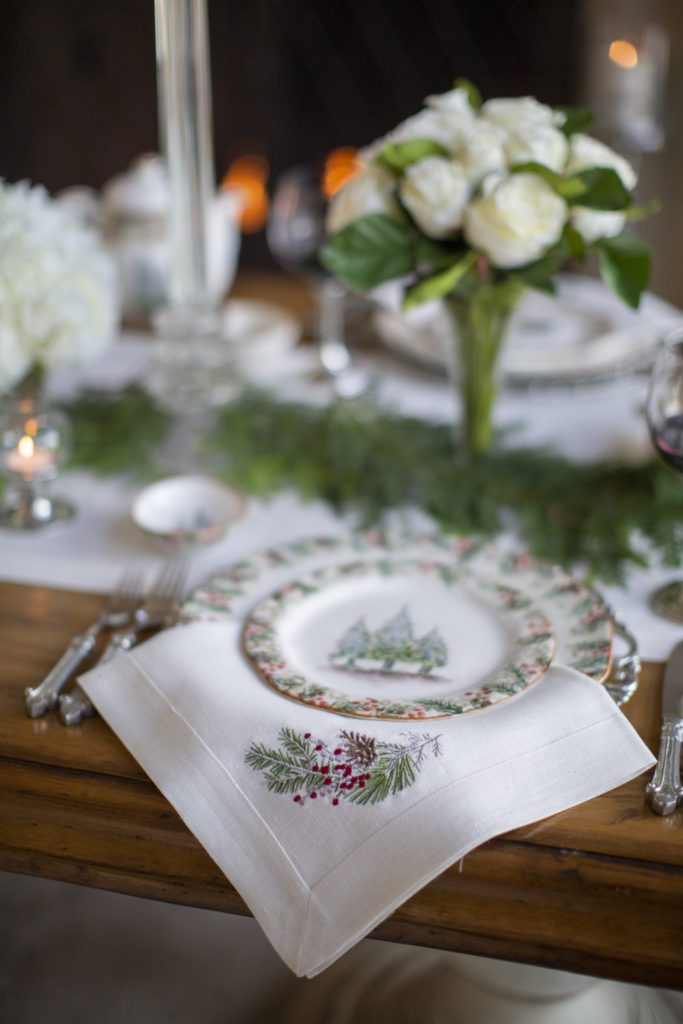 Natale Christmas plates by Arte Italica with linens by Crown Linen Designs