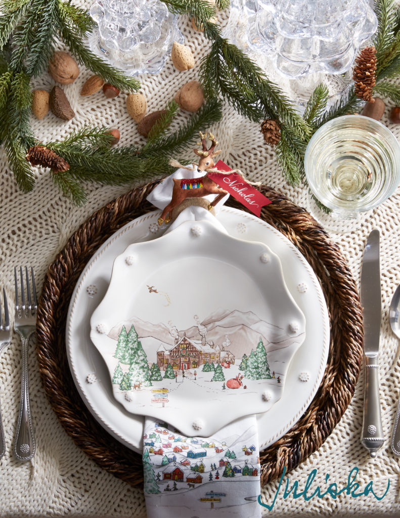 Juliska: North Pole salad plate and napkin, Berry & Thread dinner plate, rustic rope charger, reindeer napkin ring.