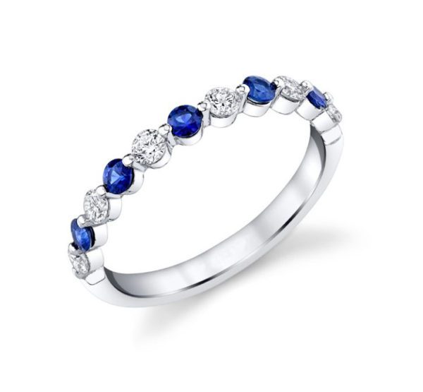 alternating blue sapphire and round brilliant diamond wedding band in white gold from Bromberg's signature collection