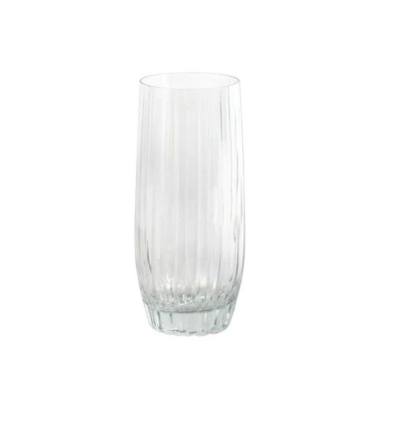 The Vietri Natalia High Ball Glass is a tall, clear glass tumbler featuring a slightly flared rim, a subtle vertical ribbed texture, and a thick base. The glass is empty and set against a white background.