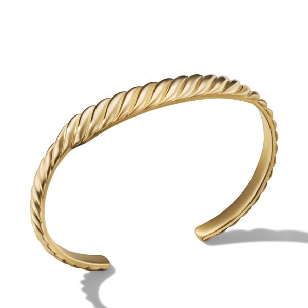 A sleek, gold-tone, twisted rope-style open cuff bracelet with a smooth, reflective finish. The bracelet has a minimalist design and is shown on a plain white background with a slight shadow.