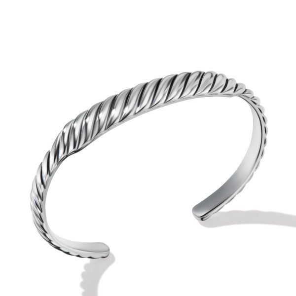 A sleek and elegant silver cuff bracelet with a twisted rope design, displayed on a white background. The bracelet has an open-ended design, showcasing its polished finish and intricate detailing.