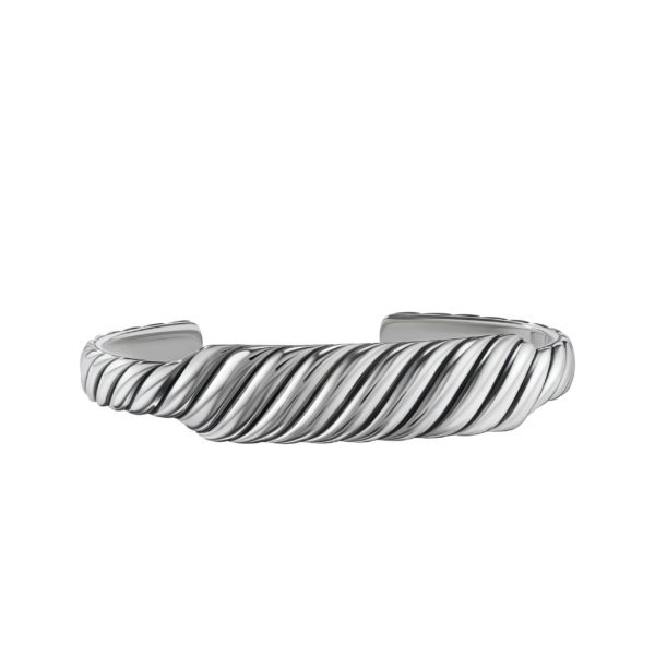 A sleek silver cuff bracelet with a twisted, rope-like design. The open-ended accessory features prominently engraved diagonal lines, giving it a textured and sophisticated appearance.