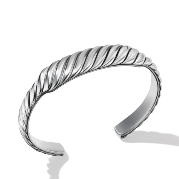 A sleek, silver cuff bracelet with a twisted rope design. The bracelet has an open-ended style with smooth, rounded edges. The background is a plain white, casting a subtle shadow of the bracelet.