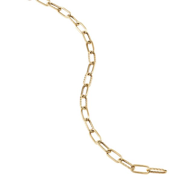 A close-up of a gold chain bracelet with elongated, rectangular links arranged in a curved line against a white background. The links have a shiny finish, catching the light to highlight the smooth, polished surfaces.