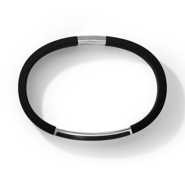 A sleek, black fitness tracker wristband with a silver clasp, shown against a plain white background. The band appears minimalistic and modern in design.