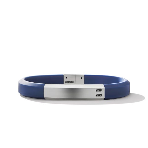 A sleek, modern bracelet featuring a blue band with a polished silver clasp, displayed on a plain white background. The clasp is imprinted with "DY" and "925".