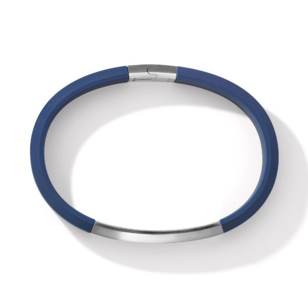 A sleek blue wristband with a metallic clasp and accents. The minimalist design features a smooth, streamlined shape, blending vibrant blue and silver tones. The clasp is centered on top with the metallic sections seamlessly integrated into the band.