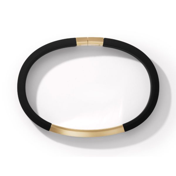 A sleek choker necklace featuring a black band with gold accents. The design is minimalist, with the black band covering most of the circumference and a gold rectangular segment at the front. The clasp is rectangular and gold, matching the front accent.