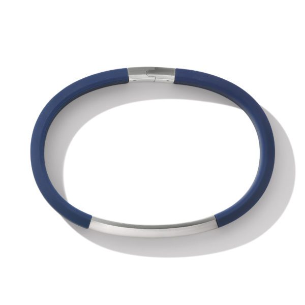 A sleek, circular fitness device with a blue exterior and a metallic underside, designed as a thin, seamless loop. The device has a built-in clasp and is shown on a white background with a faint shadow.