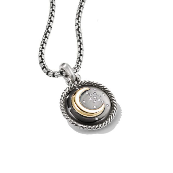 A silver necklace with a round pendant featuring a crescent moon design. The pendant has a twisted rope border with a combination of silver and gold tones, and tiny star-like embellishments surrounding the crescent moon on a dark background.