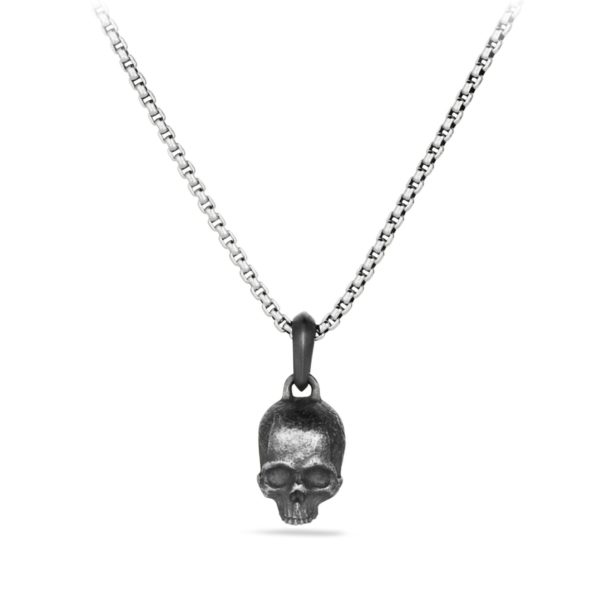 A silver chain necklace with a small, dark metal skull pendant hanging from it. The pendant features detailed shading and texturing to highlight the skull's features. The chain has a minimalist, simple link design.