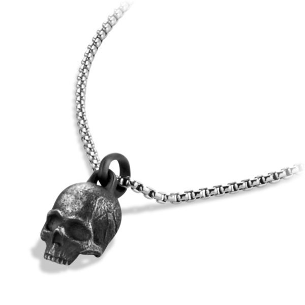 A close-up image of a silver necklace with a skull pendant. The pendant is detailed, with dark shading accentuating its features, attached to a thin, textured chain. The background is white, highlighting the intricate design of the skull and the chain.