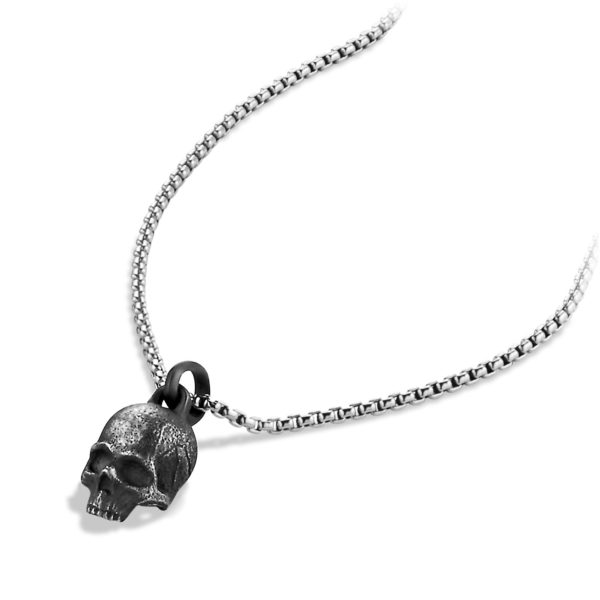 A silver necklace with a detailed, dark metallic skull pendant. The chain is finely linked, giving a sleek and elegant appearance. The skull pendant has a rugged texture, adding a bold and edgy touch to the necklace. The background is plain white.