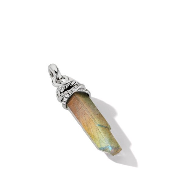 A polished crystal pendant with iridescent hues of brown, green, and blue is attached to a decorative silver bail adorned with intricate patterns and small gemstones. The pendant is photographed against a plain white background.