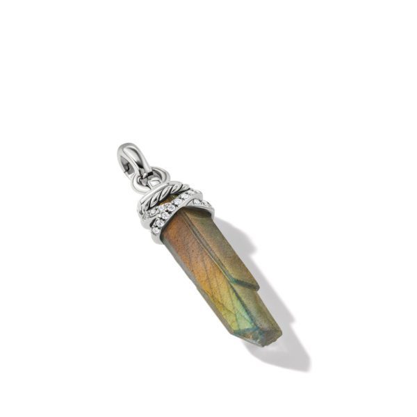 A pendant featuring a polished, multicolored labradorite crystal with a silver cap adorned with small clear gems and intricate detailing. The top has a loop for attaching to a chain, and the crystal showcases iridescent hues ranging from green to gold.