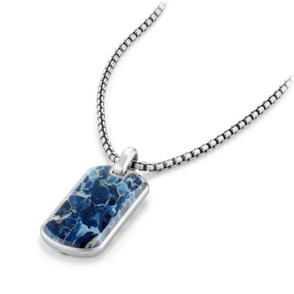 A necklace with a rectangular pendant hangs from a silver, chain-link chain. The pendant features a glossy, blue and white marbled pattern with a smooth, polished surface. The pendant is bordered by a thin, silver frame.