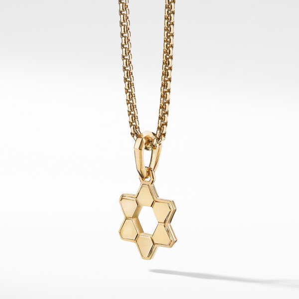 A gold necklace with a pendant shaped like a six-sided star hangs against a white background. The pendant has a hexagonal design, and the chain has a woven link pattern.