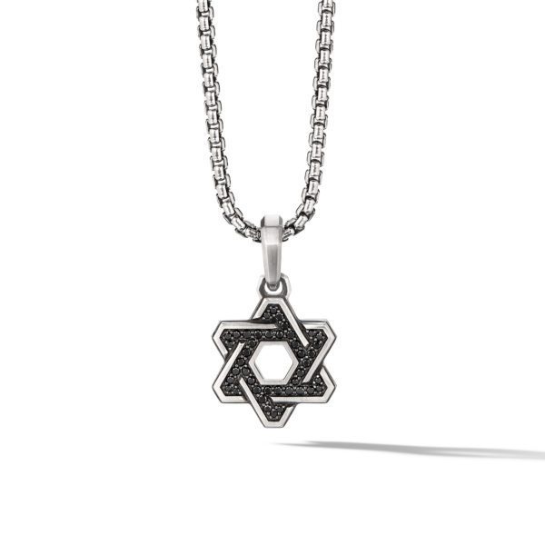 A geometric star-shaped pendant with a black textured fill hangs from a silver chain. The pendant features a modern, interlocking design and is centered in the image against a plain white background, casting a slight shadow below.