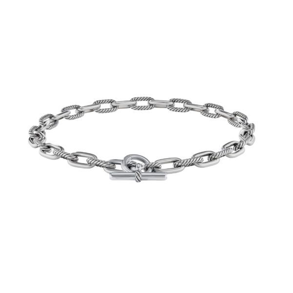 A silver chain bracelet featuring oval links with detailed rope-like textures and a T-bar clasp at the center. The design is elegant and polished, offering a blend of classic and contemporary styles.