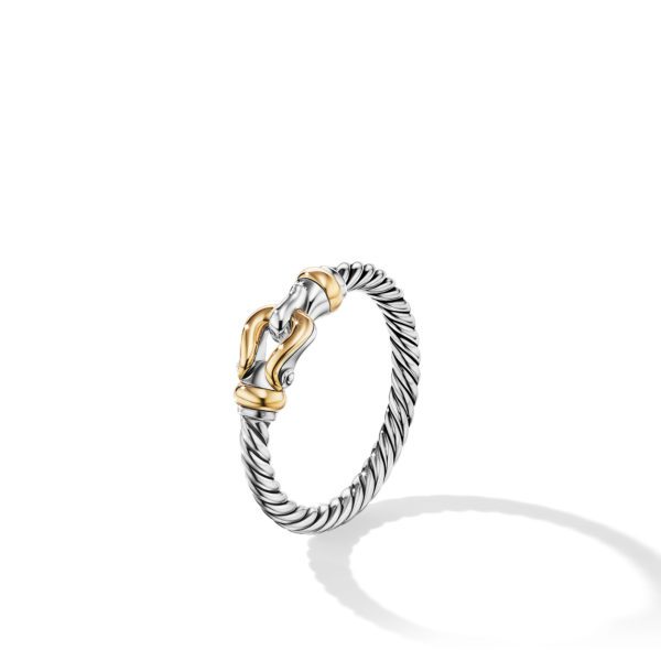 A silver twisted rope-style ring with a gold clasp design is shown against a white background. The ring's metallic texture casts a faint shadow, enhancing its detailed craftsmanship and elegant appearance.